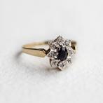 Vintage 9K gouden cluster ring met saffier & diamond 16,25, Ophalen of Verzenden, Met edelsteen, Dame, Goud