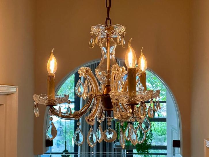 Kleine Maria Theresia kroonluchter, 3 lichtpunten, Huis en Inrichting, Lampen | Kroonluchters, Zo goed als nieuw, Glas, Metaal