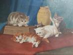 Schilderij kittens katten, olieverf op doek, signatuur., Antiek en Kunst, Ophalen of Verzenden