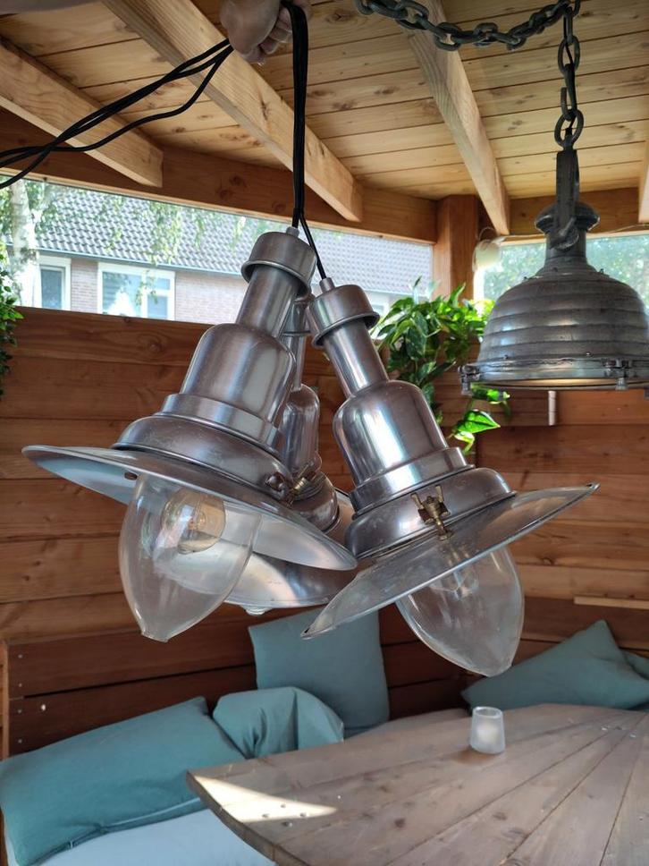 Scheepslampen set van 3 - Vintage look, Huis en Inrichting, Lampen | Hanglampen, Gebruikt, Minder dan 50 cm, Glas, Metaal, Ophalen