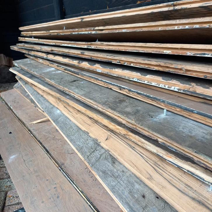 Wagonplanken ,parketvloer, eikenhout., Doe-het-zelf en Verbouw, Hout en Planken, Gebruikt, Plank, Eiken, 200 tot 250 cm, 25 tot 50 mm