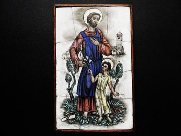 Opaline Sint Jozef met kindje Jezus met lelie gesigneerd HP beschikbaar voor biedingen