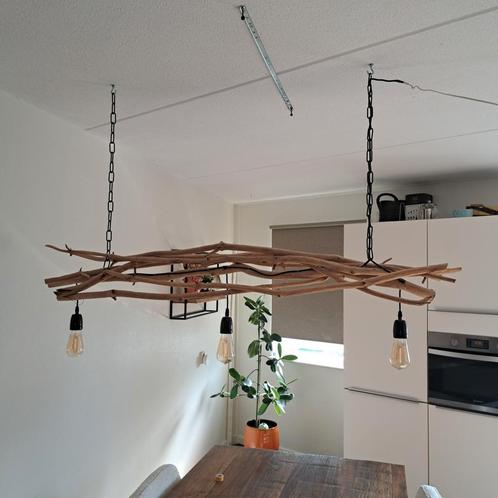 Unieke Houten Hanglamp, Huis en Inrichting, Lampen | Hanglampen, Zo goed als nieuw, Minder dan 50 cm, Hout, Metaal, Ophalen of Verzenden