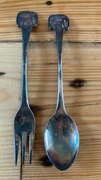 Lepeltje en vorkje met paarden embleem., Antiek en Kunst, Ophalen of Verzenden, Zilver