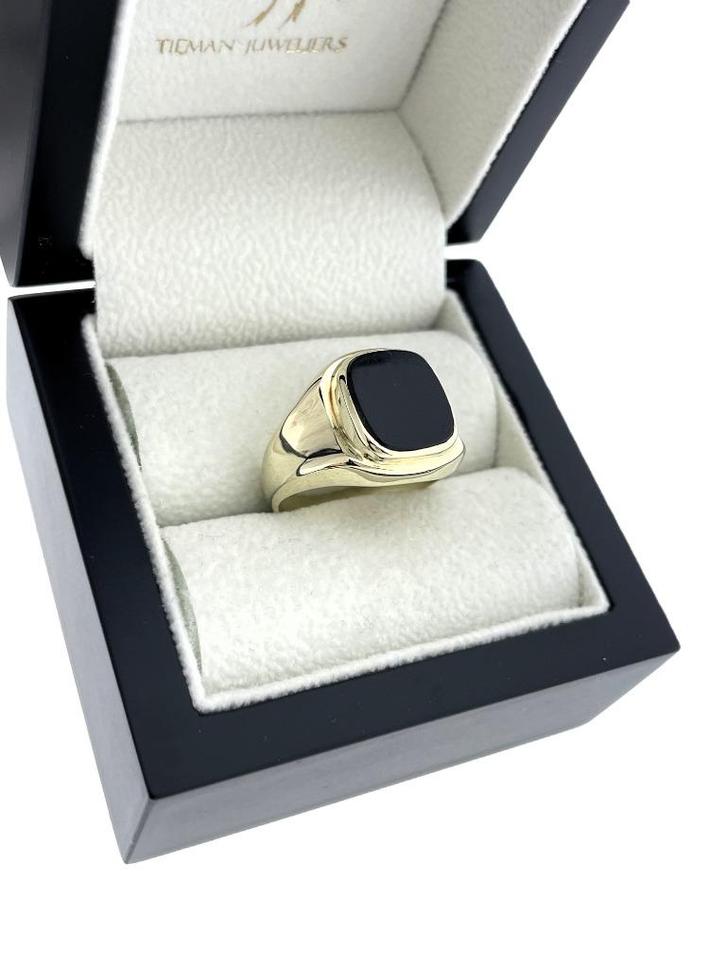 14 Karaat Gouden Heren Zegelring Onyx Klassiek Model, Sieraden, Tassen en Uiterlijk, Ringen, Gebruikt, Heer, 19 tot 20, Goud, Goud