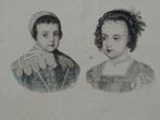 Gravure in kleur mode van drie kinderen uit 17e eeuw, Antiek en Kunst, Verzenden