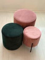 Poef | Roze | Donkergroen | Velvet | Rond, Ophalen, Rond, Minder dan 50 cm, Zo goed als nieuw