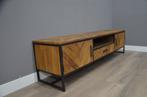Teak tv meubel met visgraat en staal 190 cm, 150 tot 200 cm, Ophalen of Verzenden, Zo goed als nieuw, Metaal