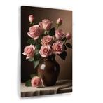 Roze rozen in bruine vaas canvas 60x90cm - 18mm., Huis en Inrichting, Woonaccessoires | Schilderijen, Tekeningen en Foto's, Nieuw