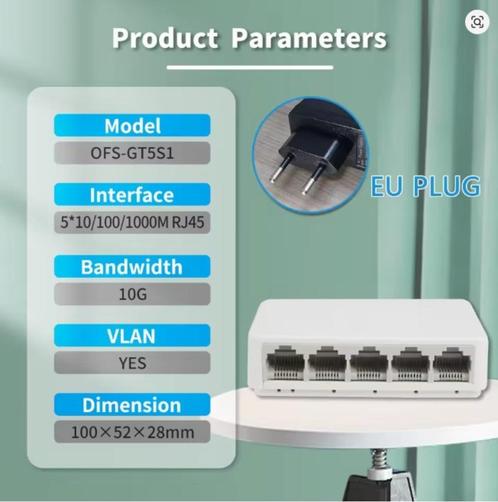 5-poorts UTP RJ45 Gigabit Ethernet-switch 1000 Mbps - VLAN, Computers en Software, Netwerk switches, Nieuw, Ophalen of Verzenden