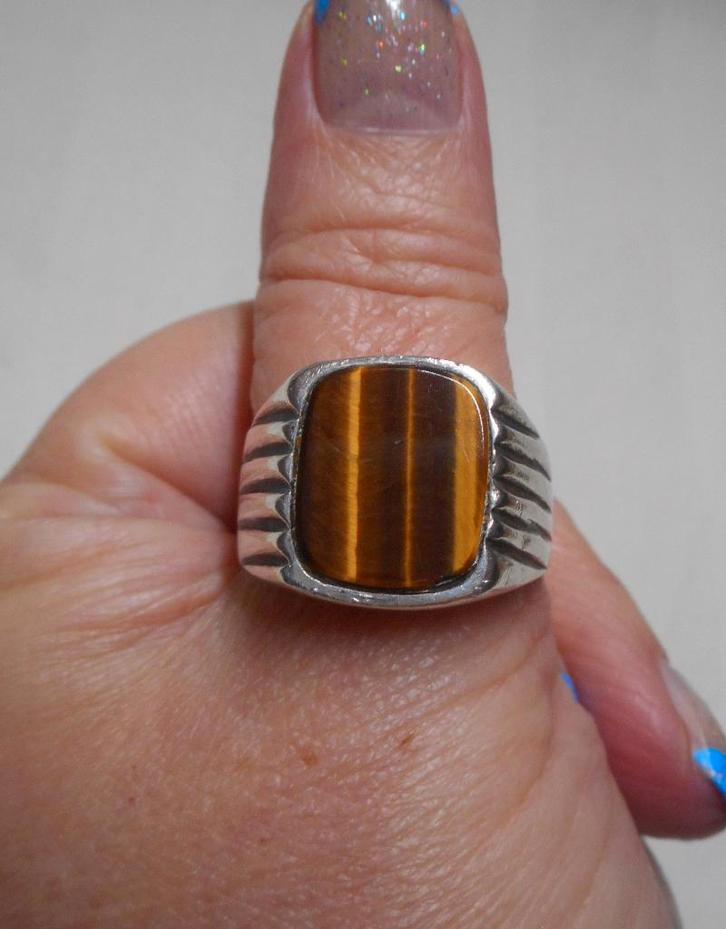 Zilveren royale heren zegelring met tijgeroog nr.1163, Sieraden, Tassen en Uiterlijk, Ringen, Zo goed als nieuw, Heer, 20 of groter