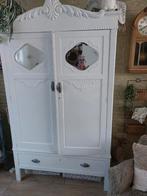 Antieke witte kast met spiegeldeuren, Gebruikt, Kast, 105 cm of meer, Ophalen of Verzenden