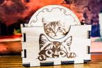 6 houten poezen onderzetters in doosje, Verzenden, Nieuw, Glas of Kopje