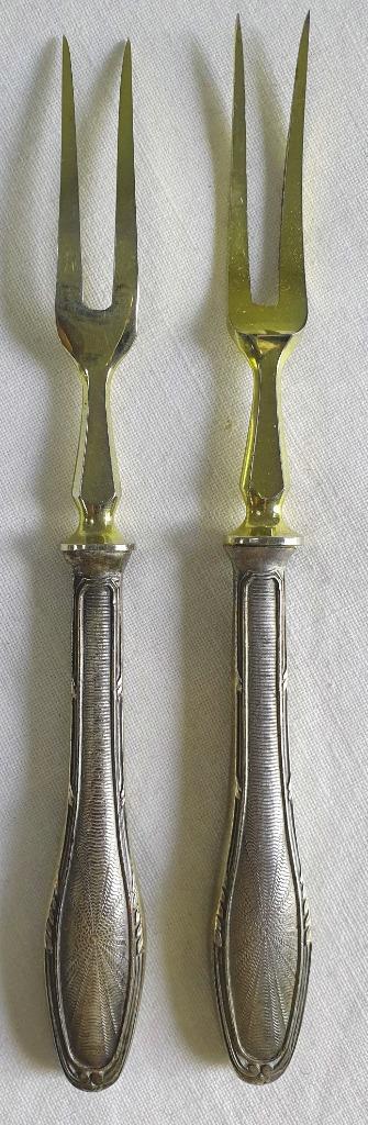 4 verguld zilveren vleesvorken + visfileermessen, Jugendstil, Antiek en Kunst, Antiek | Bestek, Verzenden
