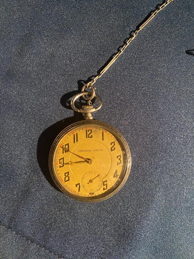 antiek zilveren zakhorloge met ketting, Verzenden, Zilver
