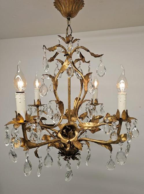 Chique antieke LUCHTER 4-lichts lamp / 67 kristallen pegels, Huis en Inrichting, Lampen | Kroonluchters, Glas, Metaal, Ophalen of Verzenden