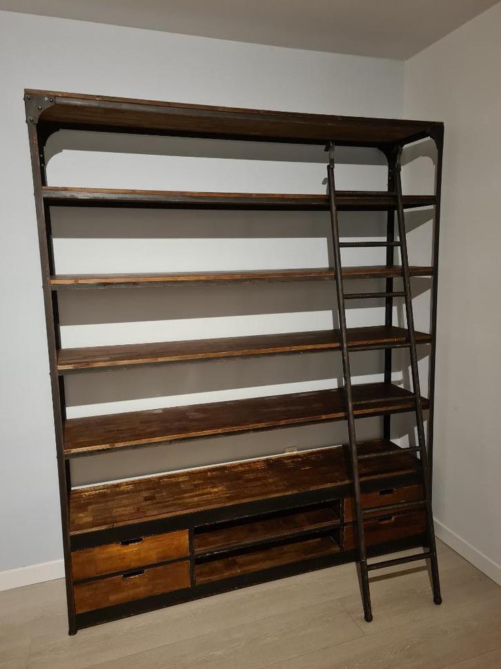 grote Rootsmann boekenkast industrieel met ladder, Huis en Inrichting, Kasten | Boekenkasten, Gebruikt, 50 tot 100 cm, 200 cm of meer