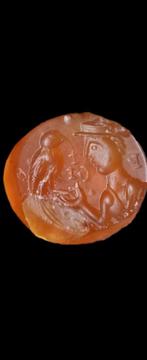 Antieke byzantine en Carneool Intaglio met Man en Vogel, Antiek en Kunst, Ophalen of Verzenden