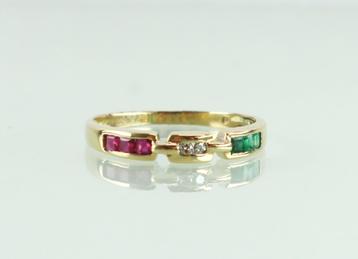 Gouden ring 18 karaat diamant, robijn, smaragd  beschikbaar voor biedingen