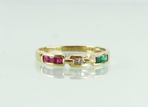 Gouden ring 18 karaat diamant, robijn, smaragd, Sieraden, Tassen en Uiterlijk, Antieke sieraden, Ring, Goud, Met edelsteen, Ophalen of Verzenden