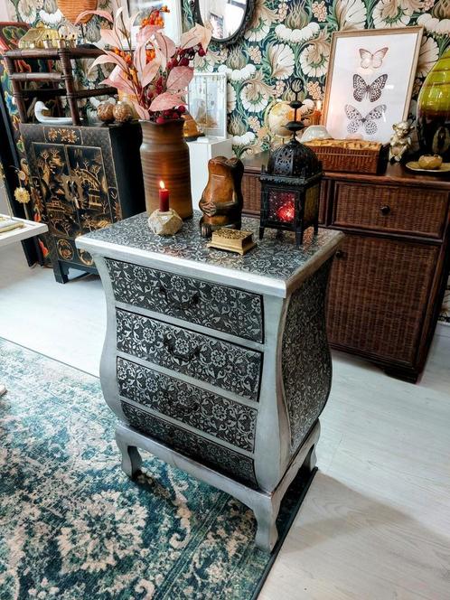 Zilveren Boho Ladekast Nachtkastje, Huis en Inrichting, Kasten | Ladekasten, Zo goed als nieuw, 25 tot 50 cm, Ophalen