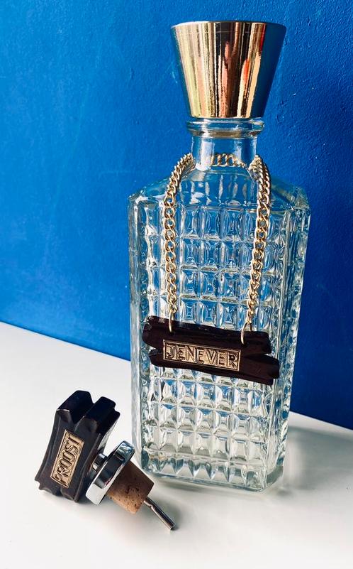 Glazen karaf decanteerkaraf/met label en schenktuit/Jenever, Verzamelen, Glas en Borrelglaasjes, Gebruikt, Overige typen, Ophalen of Verzenden
