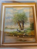 Schilderij Landschap met Eenden en Zeilboot, Ophalen of Verzenden