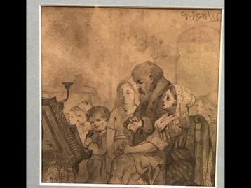 Gerke Henkes : Oude gewassen tekening van een interieur beschikbaar voor biedingen