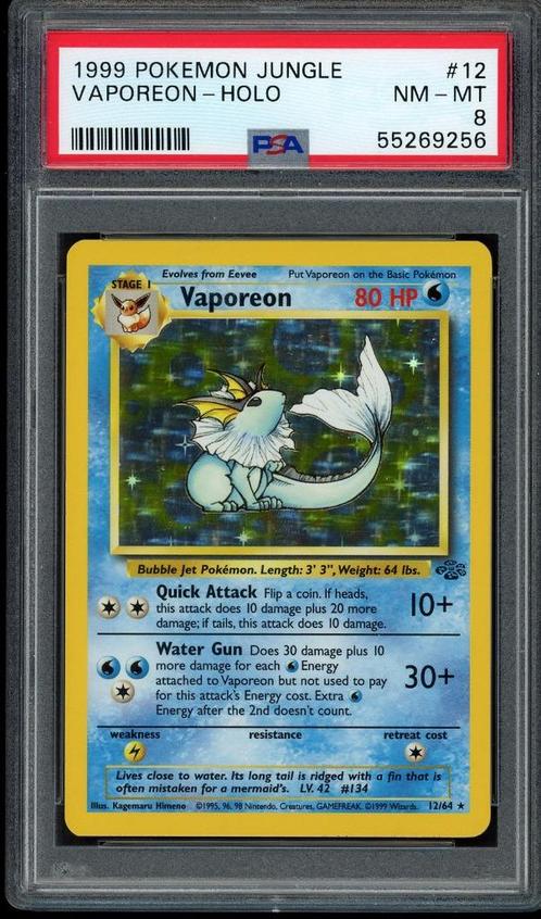Vaporeon Holo PSA 8 - 12/64 - Jungle 1999, Hobby en Vrije tijd, Verzamelkaartspellen | Pokémon, Zo goed als nieuw, Losse kaart