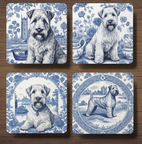 Soft Coated Wheaten Terriër Delfts Blauw onderzetters+houder, Huis en Inrichting, Woonaccessoires | Onderzetters, Nieuw, Glas of Kopje
