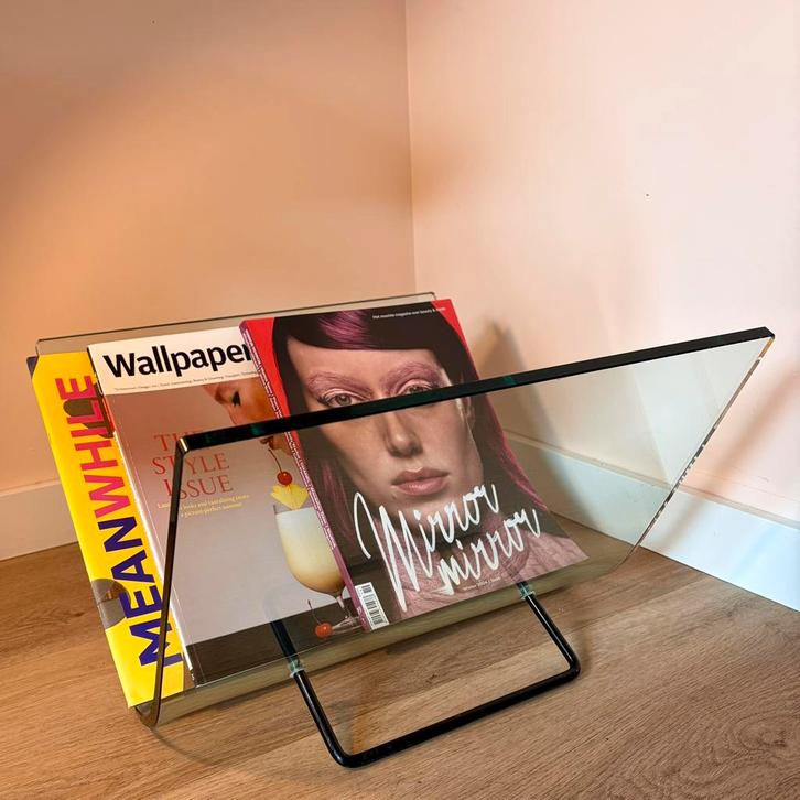FIAM 80’s tijdschriftenrek glas, Huis en Inrichting, Woonaccessoires | Krantenbakken en Lectuurbakken, Zo goed als nieuw, Ophalen of Verzenden