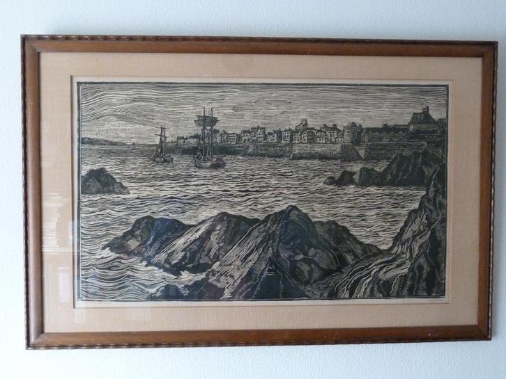 Houtsnede van G.J. Koekkoek (1872-1956) Haven te Saint Malo, Antiek en Kunst, Kunst | Schilderijen | Klassiek, Ophalen of Verzenden