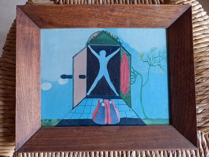 Surrealistisch schilderijtje op paneel, 1968, Antiek en Kunst, Kunst | Schilderijen | Modern, Ophalen