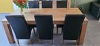 Houten eetkamertafel met 6 stoetel zwart leer, Huis en Inrichting, Tafels | Eettafels, Ophalen, Gebruikt, 200 cm of meer, 50 tot 100 cm