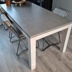 Houten grijze eettafel met witte poten - Stoer & tijdloos, Ophalen, Gebruikt, 150 tot 200 cm, Tijdloos