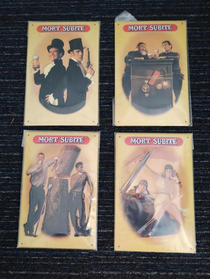 set van 4 Mort Subite bier reclameborden, Verzamelen, Biermerken, Nieuw, Reclamebord, Plaat of Schild, Overige merken, Ophalen of Verzenden