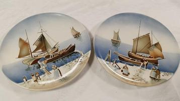 2 vintage sierborden met scheepstafereel – ca. 1950 beschikbaar voor biedingen