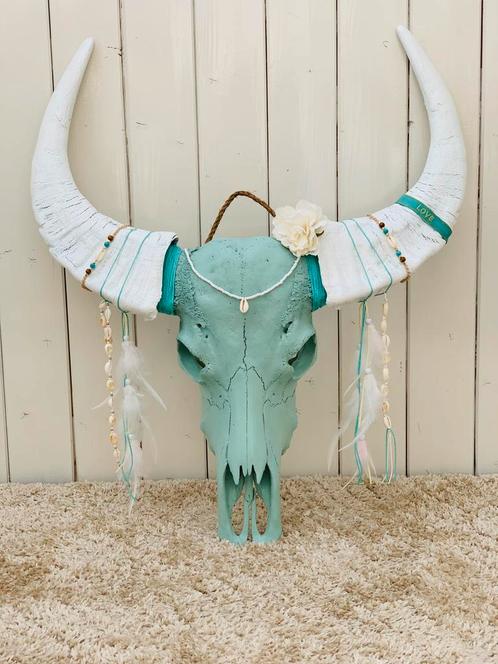 Gedecoreerde echte buffelschedel - Ibiza style, Huis en Inrichting, Woonaccessoires | Wanddecoraties, Nieuw, Ophalen of Verzenden
