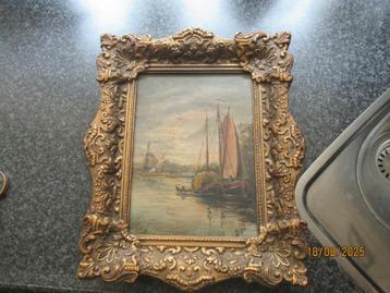 ANTIEK SCHILDERIJ- HOLLANDS LANDSCHAP-ZEILBOTEN-GESIGNEERD beschikbaar voor biedingen