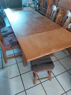 Uitschuifbare eiken eettafel met stoelen en krukjes, Huis en Inrichting, Tafels | Eettafels, Ophalen, Gebruikt, 100 tot 150 cm