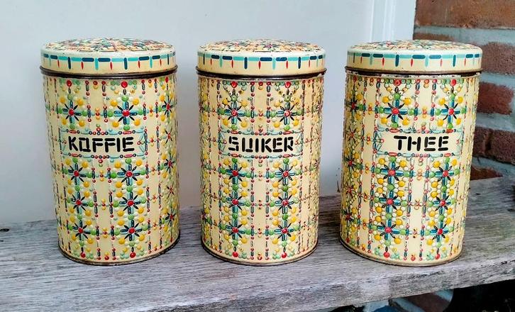Antiek Blik - Set Blikken Bussen - Koffie Thee Suiker, Antiek en Kunst, Antiek | Keukenbenodigdheden, Ophalen of Verzenden