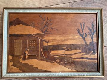 Mooi Antiek houten inleg schilderij - Boerin met landschap beschikbaar voor biedingen