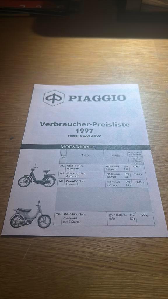 Piaggio prijslijst 1997, Motoren, Tuning en Styling, Ophalen of Verzenden