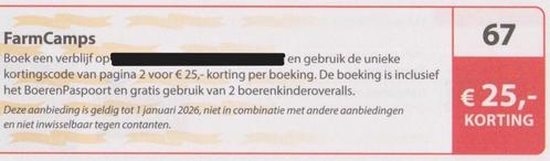 FarmCamps. € 25,- korting. Postcodeloterij kortingsbon nr 67, Tickets en Kaartjes, Kortingen en Cadeaubonnen, Drie personen of meer