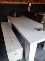 Steigerhouten tafel 250 lang met klepbank en stoelen, Ophalen, 200 cm of meer, 50 tot 100 cm, Zo goed als nieuw