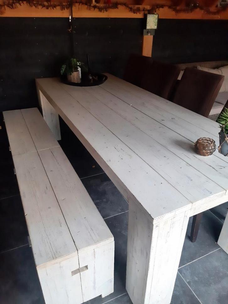 Steigerhouten tafel 250 lang met klepbank en stoelen, Huis en Inrichting, Tafels | Eettafels, Zo goed als nieuw, 50 tot 100 cm