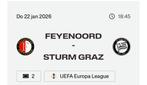 2 tickets Feyenoord - Sturm Graz (overdekt!), Tickets en Kaartjes, Drie personen of meer, Januari