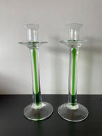 Set Glazen Murano Pilaar Kandelaars met Groene Swirl 80s, Overige materialen, Gebruikt, 25 tot 50 cm, Ophalen of Verzenden