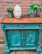 Antiek kastje houtsnijwerk vintage India Ibiza turquoise, Huis en Inrichting, Kasten | Dressoirs, Ophalen, Zo goed als nieuw, 25 tot 50 cm