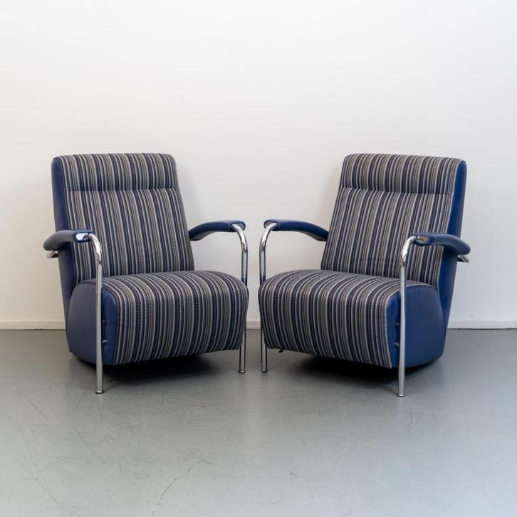 2x Leolux Scylla - Hoge Rug blauw/wit gestreepte stof, Huis en Inrichting, Fauteuils, Zo goed als nieuw, Leer, Ophalen of Verzenden